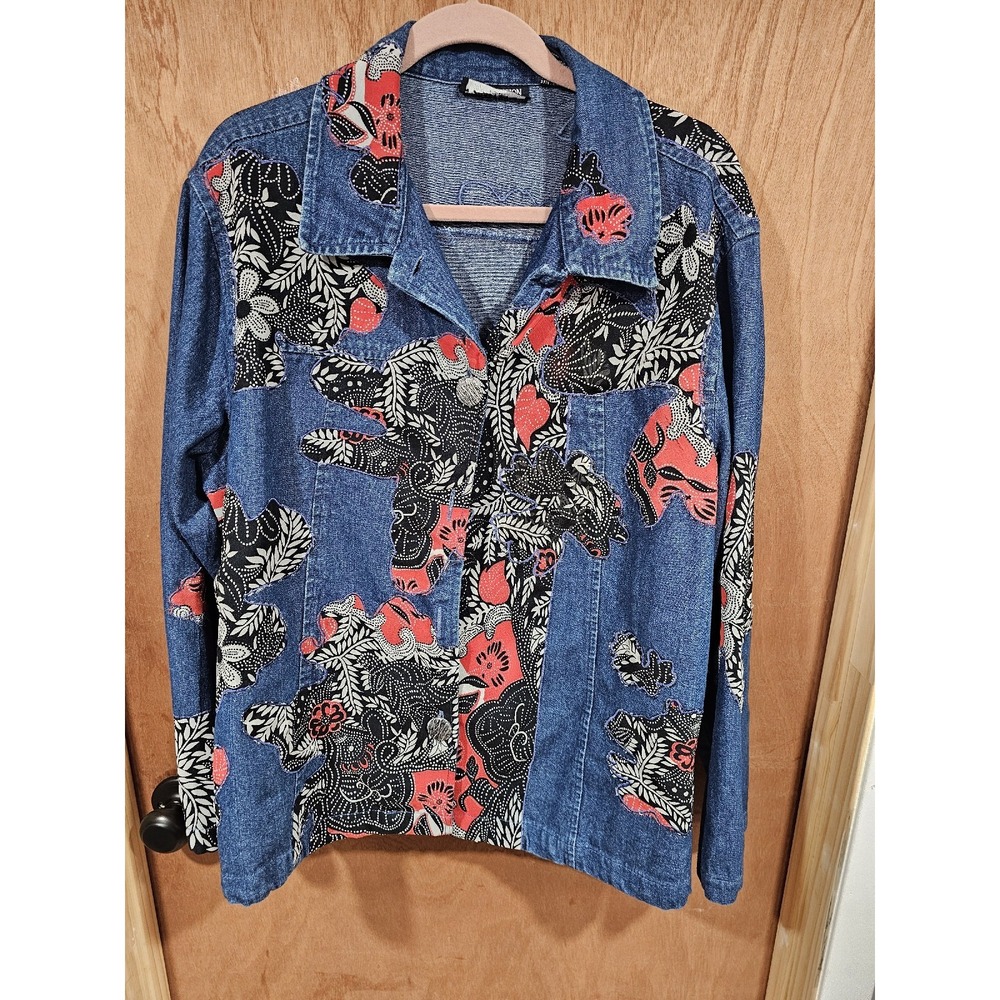 New Direction Women's Embroidered Floral Button Front Long Sleeve Denim Shirt - Picture 2 of 14